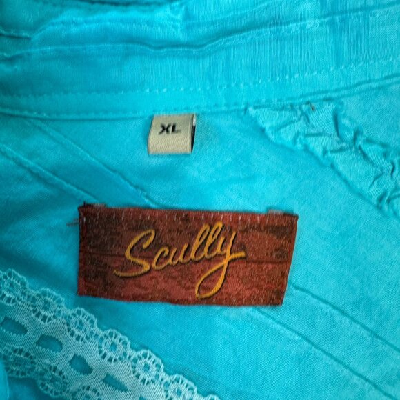 Scully Teal Women's Western Pearl Snap Long Sleeve Top Ruffles Lace N25 - Picture 2 of 5